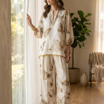 Ivory Satin V-Neck Butterfly-Print Top and Wide-Leg Trousers Set