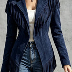 Faux Suede Slim-Fit Lapel Long-Sleeve Jacket with Fringe Detail