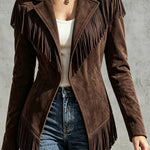 Faux Suede Slim-Fit Lapel Long-Sleeve Jacket with Fringe Detail