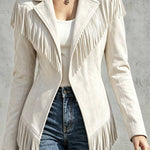 Faux Suede Slim-Fit Lapel Long-Sleeve Jacket with Fringe Detail