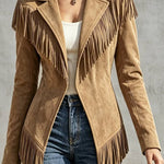 Faux Suede Slim-Fit Lapel Long-Sleeve Jacket with Fringe Detail