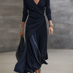 Navy V-neck Ribbed Asymmetrical Wrap Maxi Dress Set With Satin Paneling