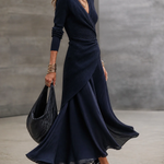 Navy V-neck Ribbed Asymmetrical Wrap Maxi Dress Set With Satin Paneling