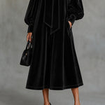 Black Velvet Midi Dress With Bow Detail And Lantern Sleeves