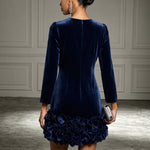 Navy Velvet Mini Dress With Round Neck And Bold Floral Accents