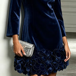 Navy Velvet Mini Dress With Round Neck And Bold Floral Accents