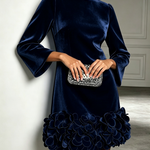 Navy Velvet Mini Dress With Round Neck And Bold Floral Accents