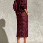 Black Collar Knit Top And Zebra Linen Midi Skirt Two‑Piece Set