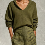 Olive Green Collar Knit Top And Zebra Linen Midi Skirt Two‑Piece Set