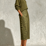 Olive Green Collar Knit Top And Zebra Linen Midi Skirt Two‑Piece Set
