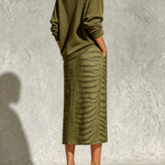 Black Collar Knit Top And Zebra Linen Midi Skirt Two‑Piece Set