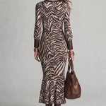 Brown Zebra-Print Cut-Out Keyhole Neck Maxi Dress