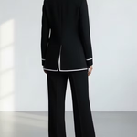 Black Contrast‑Piping Blazer & Wide‑Leg Trouser Two‑Piece Suit Set