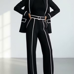 Black Contrast‑Piping Blazer & Wide‑Leg Trouser Two‑Piece Suit Set