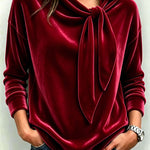 Velvet Draped Collar Tie Bow Loose Long Sleeve Shirt