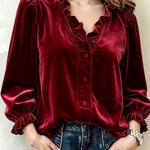 Velvet Ruffled V-neck Puff Sleeve Shirt