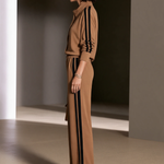 Camel Color-blocked Single-breasted Top And Wide-leg Pants Suit