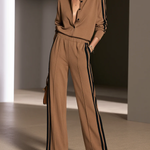 Camel Color-blocked Single-breasted Top And Wide-leg Pants Suit