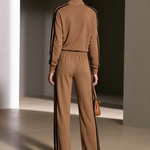 Camel Color-blocked Single-breasted Top And Wide-leg Pants Suit