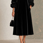 Black Velvet Square Neckline Midi Dress With Floral Buttons And Striking Floral Cuffs