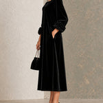 Black Velvet Square Neckline Midi Dress With Floral Buttons And Striking Floral Cuffs