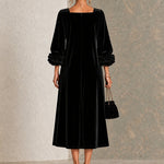 Black Velvet Square Neckline Midi Dress With Floral Buttons And Striking Floral Cuffs