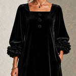 Black Velvet Square Neckline Midi Dress With Floral Buttons And Striking Floral Cuffs