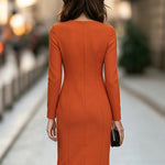 Orange Elegant Sheath Long-Sleeve Midi Dress