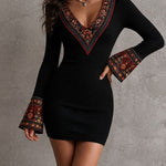 Black Ribbed Retro Ethnic Print Trim Flared Sleeve Mini Dress