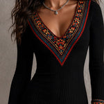 Black Ribbed Retro Ethnic Print Trim Flared Sleeve Mini Dress
