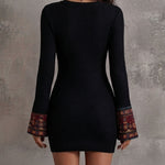 Black Ribbed Retro Ethnic Print Trim Flared Sleeve Mini Dress