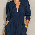 Nora | Navy Pleated V-Neck Maxi Dress