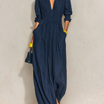 Nora | Navy Pleated V-Neck Maxi Dress