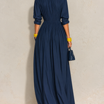 Nora | Navy Pleated V-Neck Maxi Dress