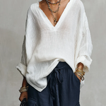 White V-neck Linen Blouse & Navy Wide Leg Pants Two Piece Set