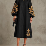 Black Gold Printed Round Neck Lantern Sleeve Loose Midi Dress