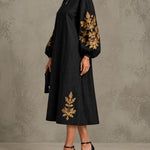 Black Gold Printed Round Neck Lantern Sleeve Loose Midi Dress