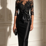 Black Lace Tulle Sleeve Bow Satin Midi Dress