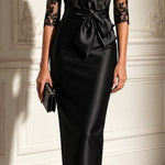 Black Lace Tulle Sleeve Bow Satin Midi Dress