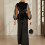 Black Velvet Wrap Ruffled Sheer-sleeved Top And Black Wide-leg Trousers Suit