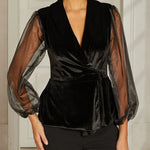 Black Velvet Wrap Ruffled Sheer-sleeved Top And Black Wide-leg Trousers Suit