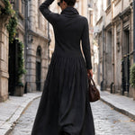 Black Turtleneck Ribbed Pleated Maxi Dress
