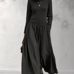 Black Turtleneck Ribbed Pleated Maxi Dress