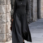 Black Turtleneck Ribbed Pleated Maxi Dress