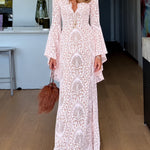 Pink Lace V-Neck Flare-Sleeve Maxi Dress With Side Slit