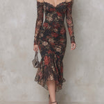 Vintage Floral Print Mesh Off-Shoulder Ruched Mermaid Midi Dress