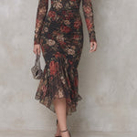 Vintage Floral Print Mesh Off-Shoulder Ruched Mermaid Midi Dress
