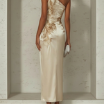Champagne Floral Satin One Shoulder Sleeveless Sheath Maxi Dress