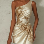 Champagne Floral Satin One Shoulder Sleeveless Sheath Maxi Dress