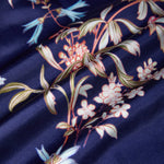 Navy Blue Floral Satin Asymmetrical Collar Sleeveless Midi Dress